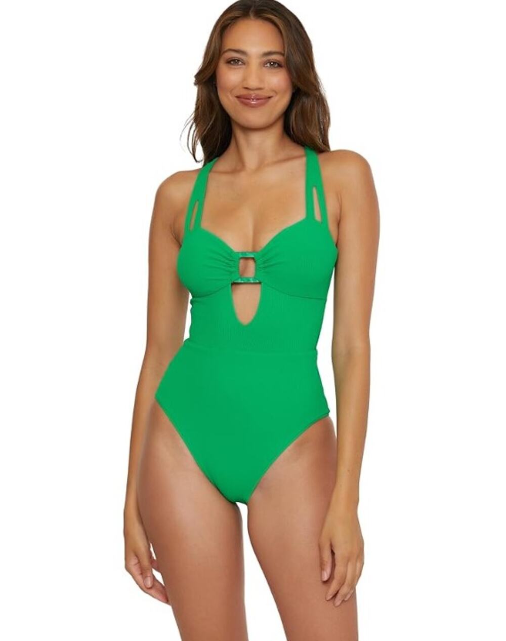 BECCA Women's Modern Edge Rib Bandeau One Piece Swimsuit Small Green Verde NWT